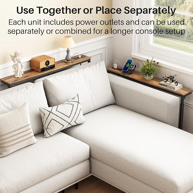 Kitstorack 102.3" Extra Long Behind Couch Table, Adjustable Height Narrow Console Table with 2 Power Strips, Split Design for Separate Wall Use, Anti-Scratch Tip, Rustic Brown for Living Room