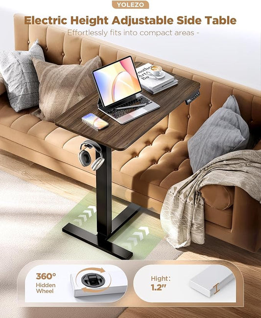 Overbed Bedside Table with Wheels, Electric Standing Desk Adjustable Height, Small Computer Desk for Home Office, Rolling Laptop Desk for Bed, Sofa, or Hospital Use (28"x16",Dark Walnut)