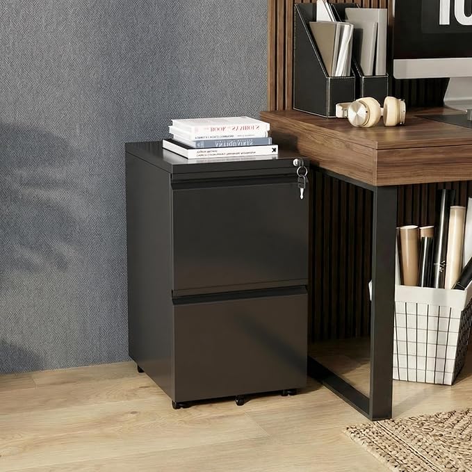 Bonusall 2 Drawer File Cabinet, Metal Rolling File Cabinets with Lock, Filing Cabinets for Home Office Fit A4/Letter/Legal, Easy Assembled, Black