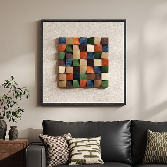 Framed 3D Textured Wood Abstract Wall Art for Living Room, Boho Colorful Geometric Beige Painting Artwork for Walls, Modern Minimalist Wall Decor, Hallway, Bedroom, Kitchen, Office,24 x 24 Inch
