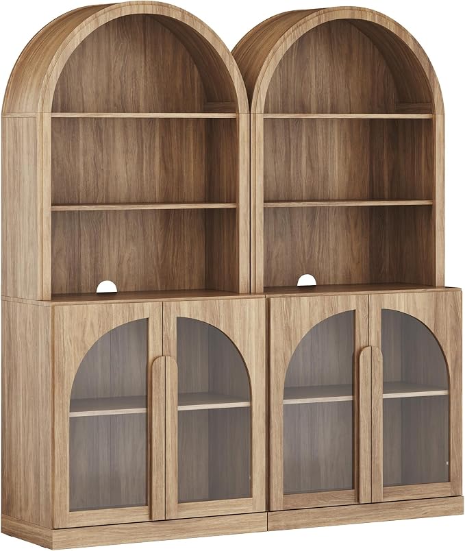 BELLEZE Set of 2 71" Tall Storage Cabinet with Glass Door, Sideboard Buffet Cabinet with Adjustable Shelves for Pantry Organizing, 5-Tier Modern Storage Unit for Living Room Home Office, Camel