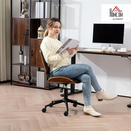 HOMCOM Home Office Chair No Arms with Wheels, PU Leather Mid Back Small Desk Chair with Adjustable Height, 360 Degree Swivel for Office, Reading, Meeting Room, Black