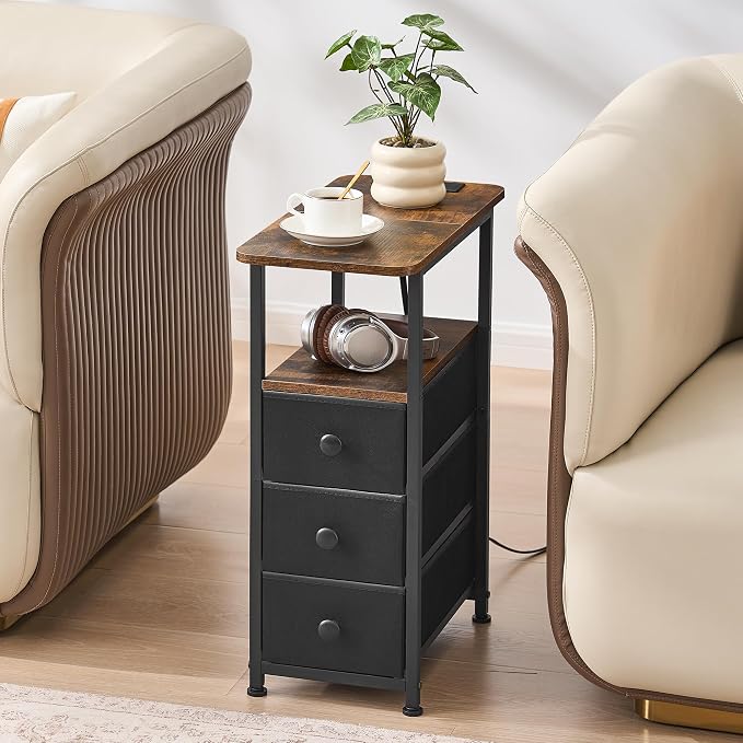 DALEMHOME Narrow End Table with Charging Station, Narrow Side Table with Drawer, Small Nightstand with LED Light, Skinny Nightstand, Small Bedside Table for Living Room, Bedroom, Couch, Rustic Brown