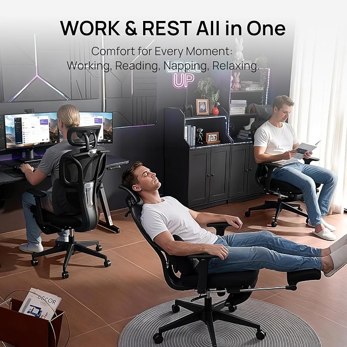 CabLady S1 High Back Ergonomic Mesh Office Chair with Footrest, 300 lbs | 115° Recline Lock, Adjust Seat Depth, 2D Arms, 3D Headrest, Detachable Lumbar Support, Breathable Mesh, BIFMA, Black