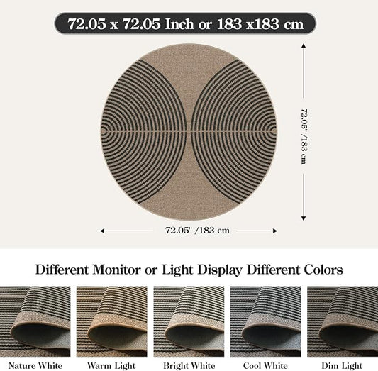 Lahome Enfys Modern Rainbow Round Rug, 6ft Easy Jute Circle Patio Rug Washable Indoor Outdoor Living Room Carpet, Farmhouse Natural Contemporary Round Carpet for Entryway Backyard