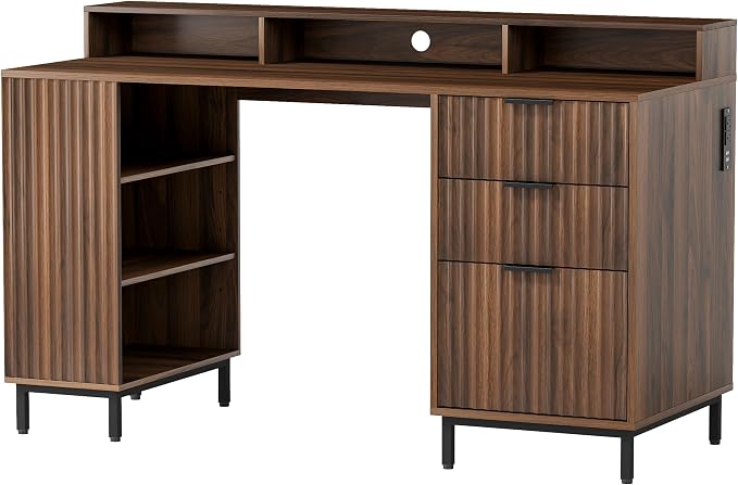 EYYTHUNG Brown Fluted Executive Desk with Storage Shelf & File Drawer, 55" Modern Wood Office Desk with Monitor Stand & Charging Station, Home Writing Computer Table for Work Study