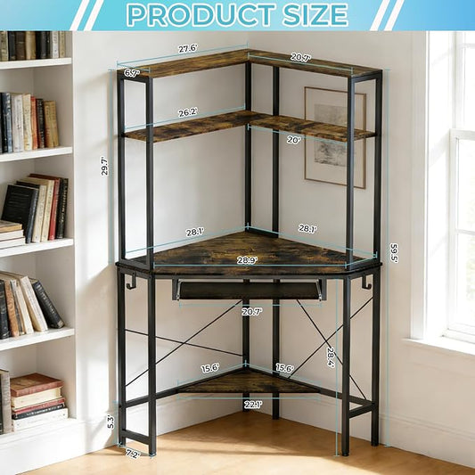 Corner Desk with Hutch and LED Lights, Corner Computer Desk with Keyboard Tray and Monitor Stand, Small Computer Desk for Small Spaces, Home Office(Rustic Brown)