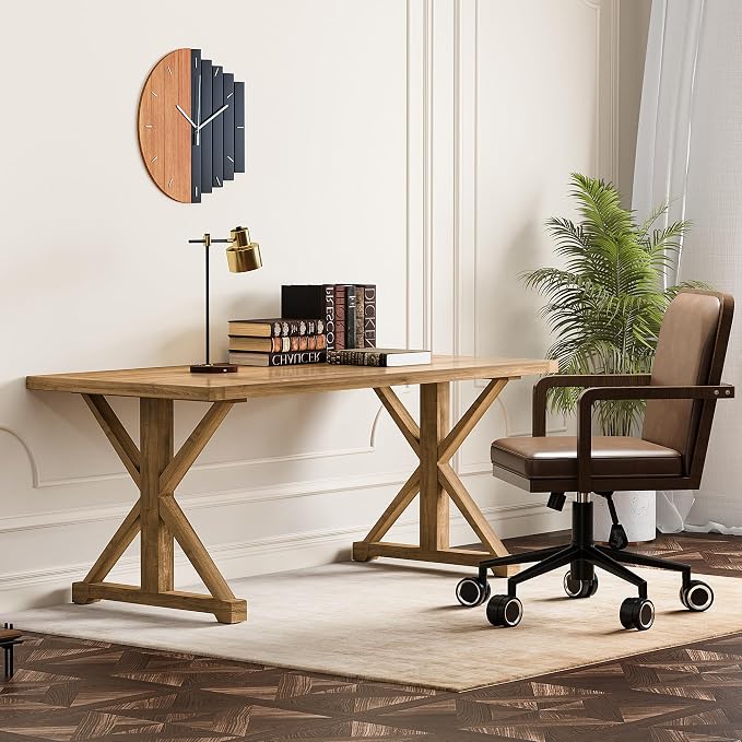 homary 70.9" Solid Wood Executive Desk, Rustic Farmhouse Home Office Desk with X-Trestle Base, Large Writing & Computer Table for Home Office, Study or Dining Space
