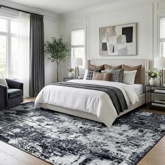 RELEANY Washable Area Rugs 8'x10' Non-Slip Modern Abstract Soft for Living Room Entryway Bedroom Kitchen, Print Pattern, Black Navy Blue Gray