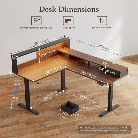 Klicelor L Shaped Electric Standing Desk 63 x 55 inch with Shelf, Height Adjustable Corner Desk, Sit Stand Desk with Storage Shelf, Home Office Computer Table, Light Dark Walnut