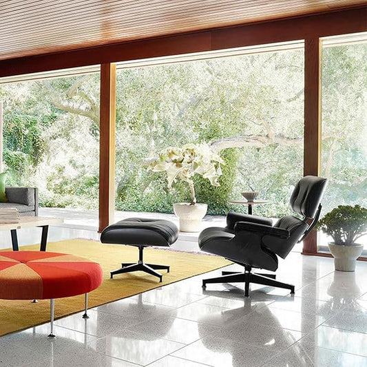Mid Century Chaise Lounge Chair with Ottoman Genuine Leather High-Resilience Foam Cushions Modern Ergonomic Design for Living Room Study Lounge Office Black Ash Wood and Black Lather