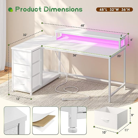 EnHomee 48" Reversible L-Shaped Computer Desk with 40-Mode RGB LED,3AC &1 Type-C Charging Station, 3 Drawers, 35.4''Monitor Riser, White Desk for Gaming, Home Office, Bedroom, Study Room,Vanity, White