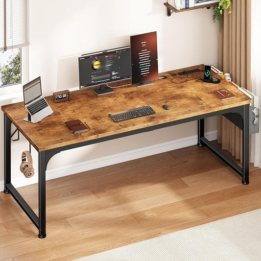 DurayLoly 63 x 24 inch Large Computer Desk, 24mm Thick Desktop with Power Outlets, RGB LED, Office Desk with Detachable Stand, 150LBS Heavy Duty, Spacious Desk for Multi-Tasking Workers, Brown