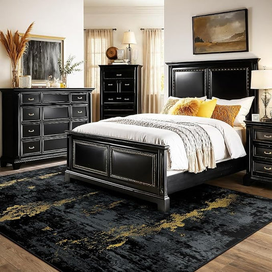 RELEANY Washable Area Rugs 5'x7' Non-Slip Modern Abstract Soft for Living Room Entryway Bedroom Kitchen, Print Pattern, Dark Black Gold