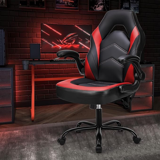 NEWBULIG Gaming Office Computer Chair – Ergonomic Mid-Back with Flip-Up Armrests, Adjustable Height, Lumbar Support & 360° Silent Swivel Wheels, PU Leather for Home/Office, Red