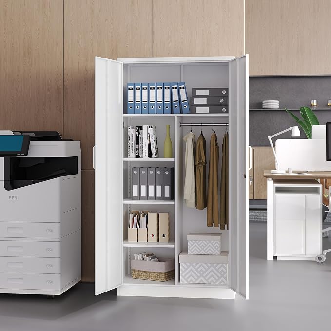 72" H Metal Garage Storage Cabinets, Lockable Broom Closet Cabinet with Hanging Rod & Doors, 5-Tier Steel Utility Cabinets for Garage, Laundry Room, Warehouse Storage, White