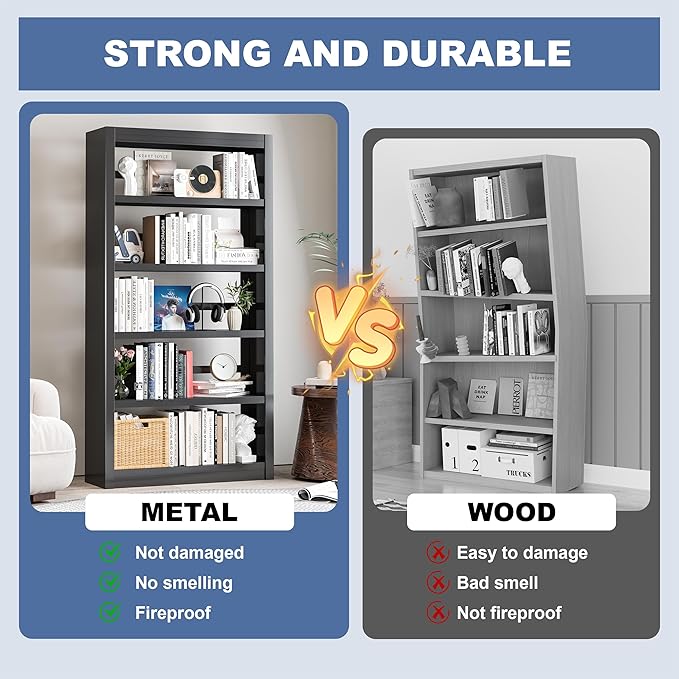 VASAAOSD Metal Bookshelf - Adjustable Black Bookcase, 5 Tier Book Shelf, Heavy Duty Sturdy Book Case, Modern Bookshelves and Bookcases for Home Office, Living Room, Bedroom, Library(69" H)