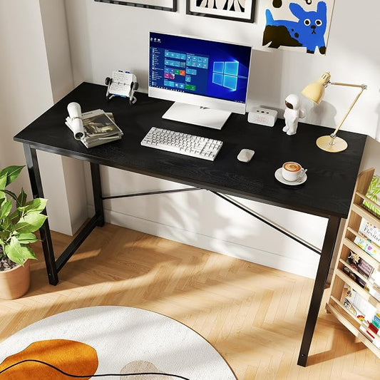 DUMOS 47 Inch Computer Desk for Home Office, Modern Writing Study Table Simple Modern Style for Bedroom Small Space, Large Work Desks with X-Shaped Reinforcement, Wood Brown