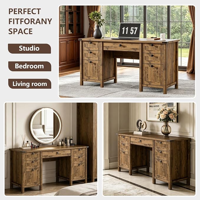 Farmhouse Executive Desk with 5 Drawers - 62" W Farmhouse Computer Desk with Power Outlets & USB Charging, Heavy Duty Storage Desk for Home Office & Study.Vintage