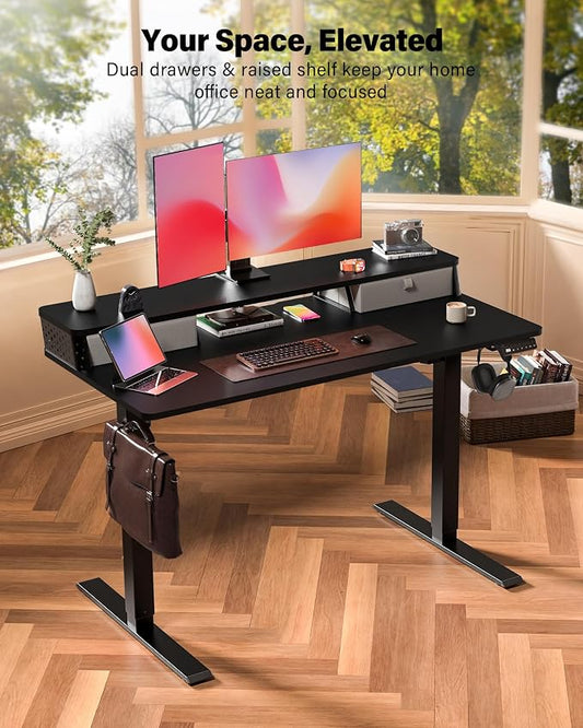 FiCiHi 55x24 Inch Standing Desk with Drawers, C-Clamp Mount Compatible, Electric Adjustable Height Computer Stand Up Desks, Home Office Sit Stand Table with 3 Preset Heights, Black