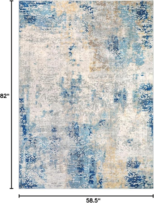 Lahome Modern Abstract Washable Area Rugs 5x7, Soft Living Room Rug Non Slip Stain Resistance, Faux Wool Floor Carpet for Bedroom Dining Room Nursery Kids Playroom,Blue/Grey