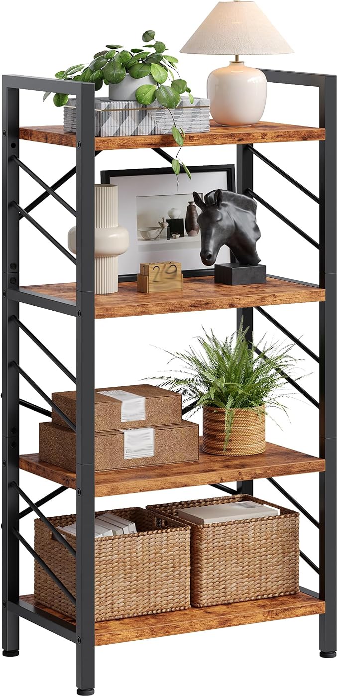 DurayLoly 4 Tier Book Shelf, Industrial Bookcases with Metal Frame and Sidebars, Small Bookshelf for Bedroom, Home Office and Living Room, Rustic Brown