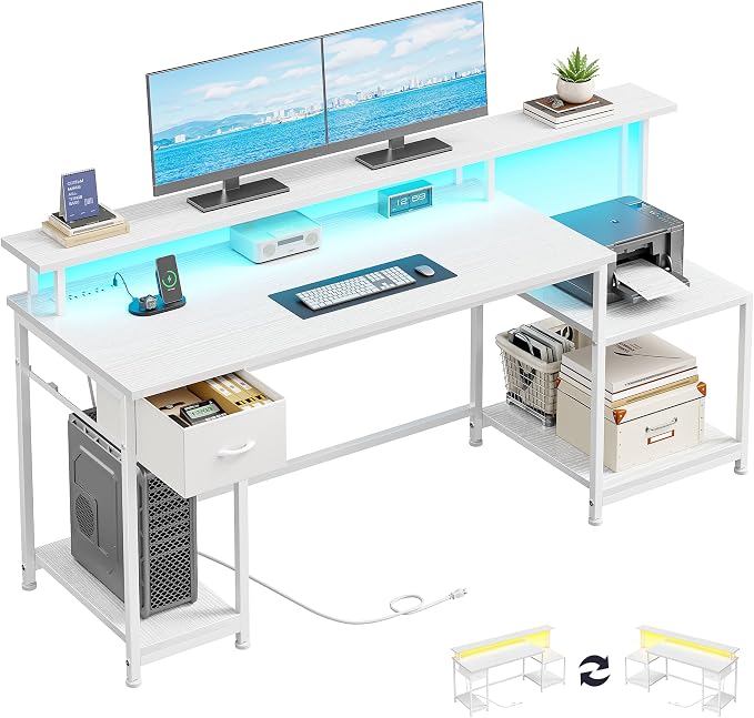 White Office Desk with 55" Long Monitor Stand and 18" Ample Printer Space, Computer Desk With RGB Lights and 3 AC Power Outlets, Zoned Storage Drawer and File Shelves, Study Desk, Writing Desk