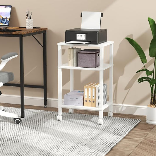 3-Tier Printer Stand with Storage, Mobile Printer Cart with Rolling Casters and Adjustable Feet, Under Desk Storage Shelf for Home Office,Small Printers, White, 15.7" x 11.8" x 25.9"