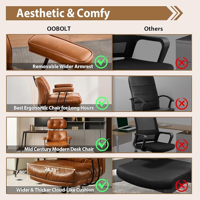 Home Office Chair,Ergonomic Computer Chair with Lumbar Support Adjustable Height,Mid-Century Modern Office Chair with Rolling Swivel Chair for Home Office Game Study(PU Leather Chair,Brown)