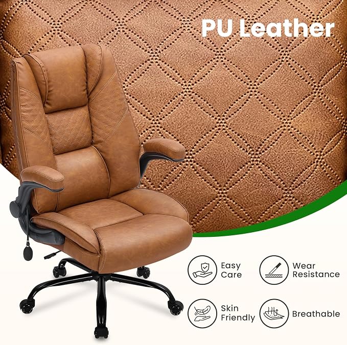 500lbs Big and Tall Office Chair with Inflatable Lumbar Support, Rubber Wheels Executive Chair with Rocking Function, High Back Wide Cushion Leather Ergonomic Computer Desk Chair for All-Day Sitting