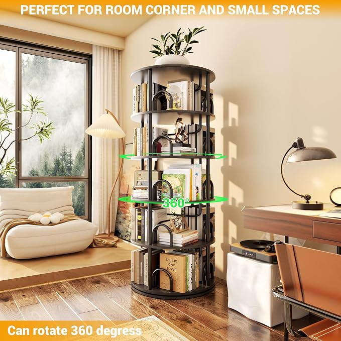 Aheaplus 5 Tier Rotating Bookshelf Tower, 360 Display Spinning Bookcase, Revolving Round Book Shelf Narrow Swivel Bookshelf, Vertical Turning Spiral Corner Book Organizer for Small Space, Black