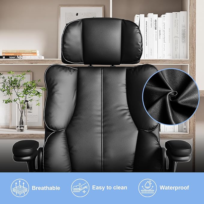 Kensaker Office Chair with Adjustable Headrest & Lumbar Support for for Lower Back Pain Relief, Executive PU Leather Chairs Comfy with Double Padding & 135° Rocking for Home Office, Black
