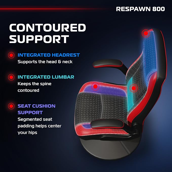 RESPAWN 3085 Ergonomic Gaming Chair for Adults, High Back Office Chair with Headrest and Flip Up Arms, Leather Racing Style Gaming Seat with Lumbar Support, Video Game Computer Desk Seat - Red