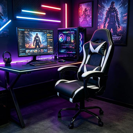 Gaming Chair, Ergonomic Computer Chair with Footrest and Lumbar Support, Height Adjustable Video Game Chair with 360° Swivel Seat and Headrest for Office, Home, Streaming and Gaming (White)