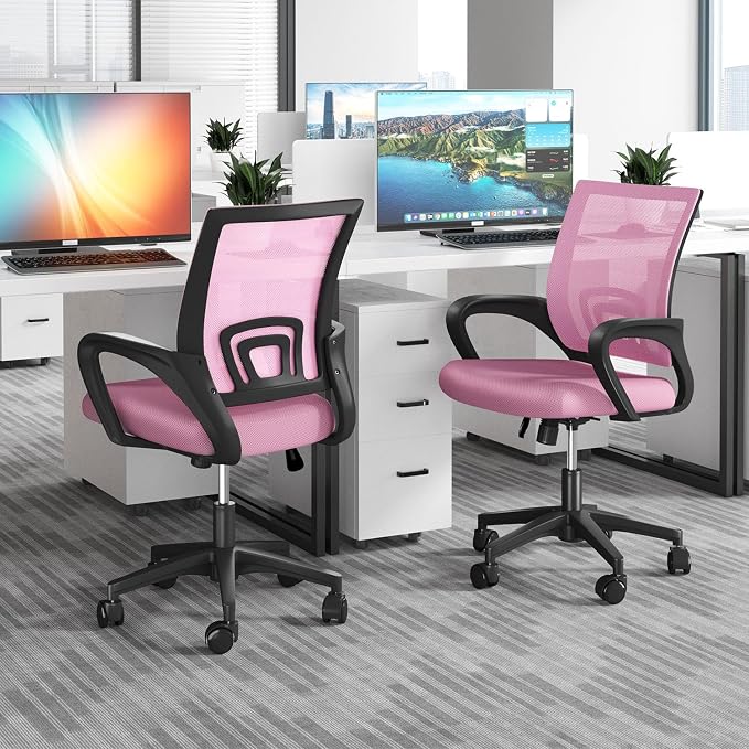 OS MOTOR Home Office Chair, Ergonomic Mid-Back Mesh Desk Chair with Lumbar Support, Adjustable Swivel Rolling Design, Comfy Armrest for Work, Study, Gaming, Vanity, Pink