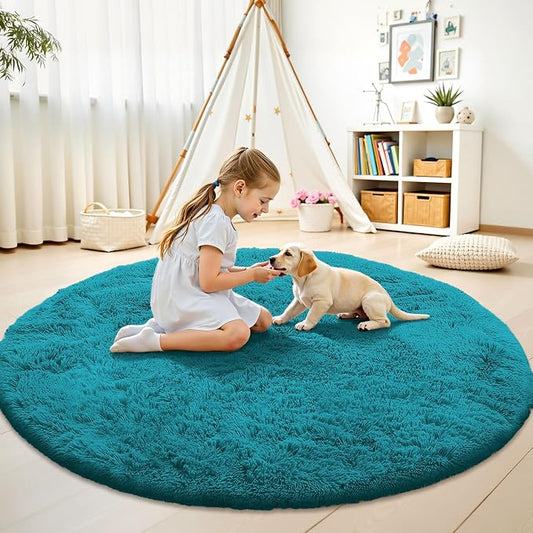 OLANLY Teal Round Rugs for Bedroom - Machine Washable, 5 ft Circle Area Rugs for Living Room, Soft and Fluffy Shaggy Carpet for Teen Girl and Boys, Nursery Rooms, Dorms, Home Decor Aesthetic