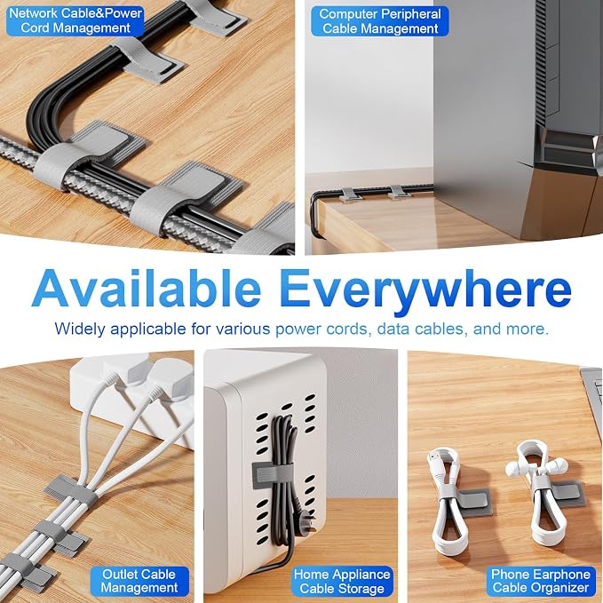 80 PCS Hook and Loop Cable Ties, Self Adhesive Cable Management Straps, Reusable Cord and Wire Organizer Clips for Under Desk, Computer, TV, Gaming Setup, Home Office and Kitchen, White and Gray