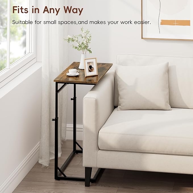 Vagusicc C Shaped End Table, Tall Side Table for Couch, C-Table End Table Adjustable Height Side Tables, Large Surface Sofa Tables TV Tray, Slide Under Couch Tables for Sofa, Living Room,Bedroom,Brown