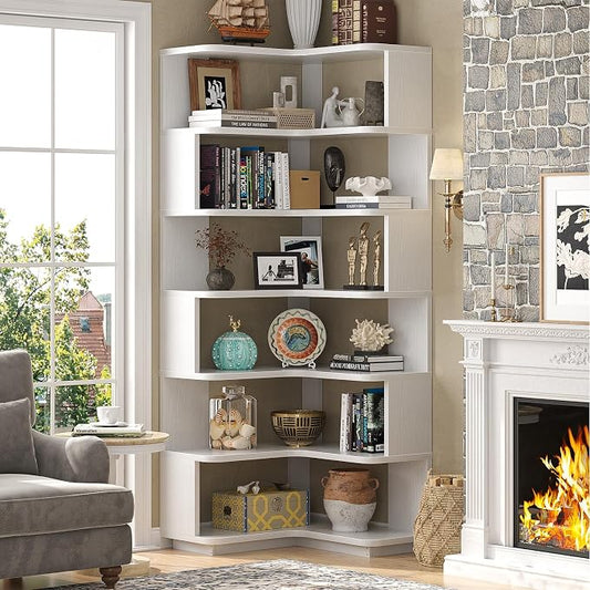 Armocity Corner Book Shelf - 7 Tier Corner Bookshelf Etagere Bookcase with Baffle, Freestanding L Shaped Display Shelf Stand for Home Office, Living Room, Bedroom, Kitchen, White