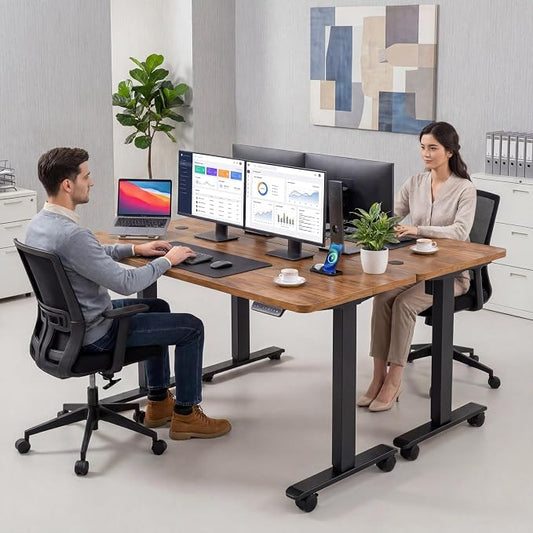 farexon Electric Standing Desk Adjustable Height, 71 x 28 Inch Sit Stand up Desk with Large Mouse Pad, Double Metal Hook,4 Wheels,4 Memory Preset Heights Home Office Computer Desk(Brown)
