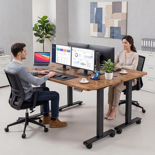 farexon Electric Standing Desk Adjustable Height, 63x24 Inches Computer Gaming Desk with Rolling Wheels, Mouse Pad,Multifunctional Stand up Desk for Home/Office(Brown)