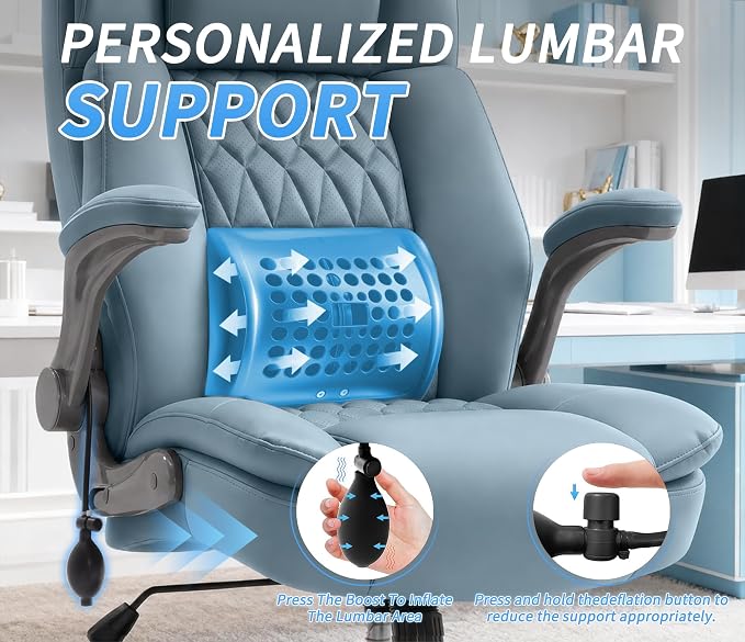 Large High Back Office Chair - Adjustable Lumbar Support Flip Up Arms Heavy Duty Quiet Wheels Metal Base Breathable Bonded Leather Ergonomic Executive Computer Desk Chair with Storage Bags, Blue