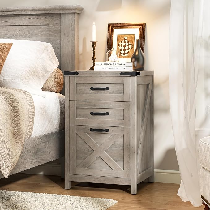 Halitaa 3 Drawer Small File Cabinet, Farmhouse Vertical Filing Cabinet Fits Letter and A4 Size, Under Desk Wooden File Cabinets for Home Office, Printer Stand, Rustic Grey