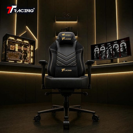 TTRACING Maxx Ergonomic Gaming Chair with 440 lbs Capacity | PU faux leather and velour seat for PC desk setup. Features stable aluminum base, 4D armrests, and 155° recline.