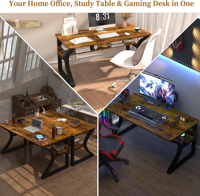 55'' Computer Desk Home Office Desk, Modern Computer Desk w/U Shaped Metal Frame, Storage Shelves, PC Table Study Writing Desk Workstation for Home Office (55inch/Brown)
