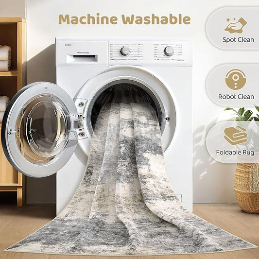 Runner Rug Kitchen Washable Rugs: 3x10 Non-Slip Abstract Soft Modern Stain Resistant Indoor Floor Neutral Accent Throw Carpet for Hallway Bathroom Laundry Room Entryway Bedroom- Grey Brown