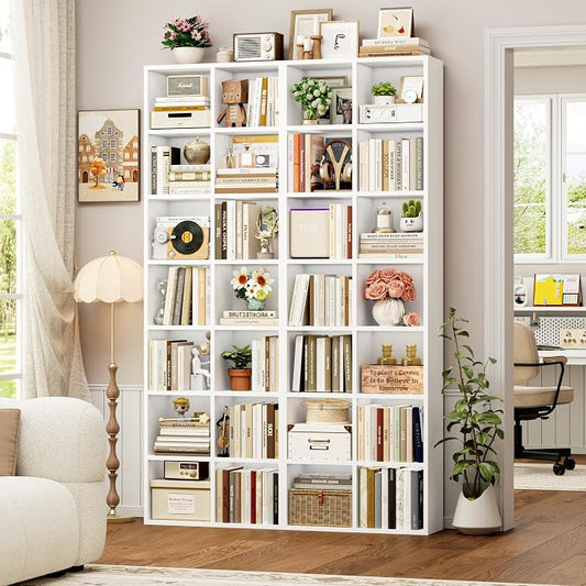 FOTOSOK 71'' Tall Bookshelf with 14 Cubes, 7 Tier Double Wide White Bookshelf with 6 Adjustable Shelves, 19.6" Narrow Bookcase DVD/CD Media Storage, Space Saving Display Shelf Cabinet, White