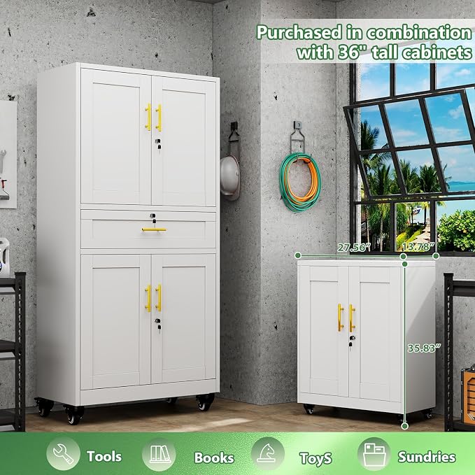 Metal Storage Cabinet with Wheels, 71" Tall Locking Storage Cabinet with 3 Adjustable Shelves, Locking Garage Cabinet, Steel Locker Organizer, for Office, Home, School, White