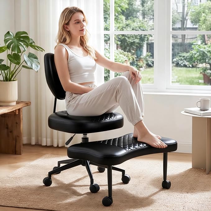 Cross Legged Office Chair with Wheels, 360 Swivel Height-Adjustable Meditation Chair with Lumbar Support, PU Leather, Black