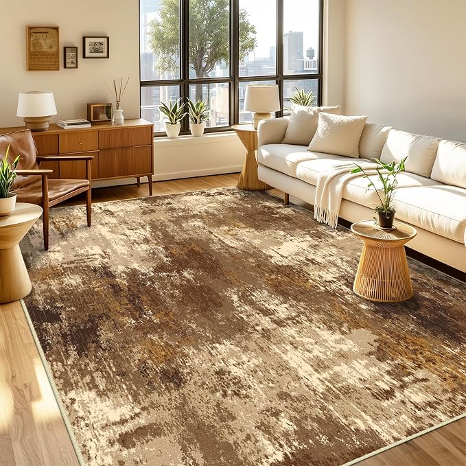 RELEANY Washable Area Rugs 2'x6' Non-Slip Modern Abstract Soft for Living Room Entryway Bedroom Kitchen, Print Pattern, Brown Tan Beige Coffee